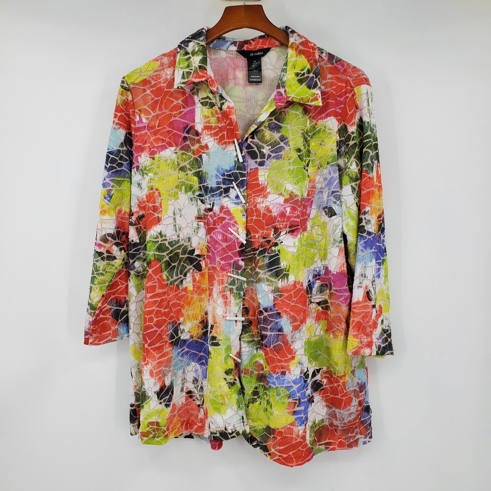 Ali Miles Womens 1X Multicolor Abstract Mosaic Textured Toggle Button Up Blouse